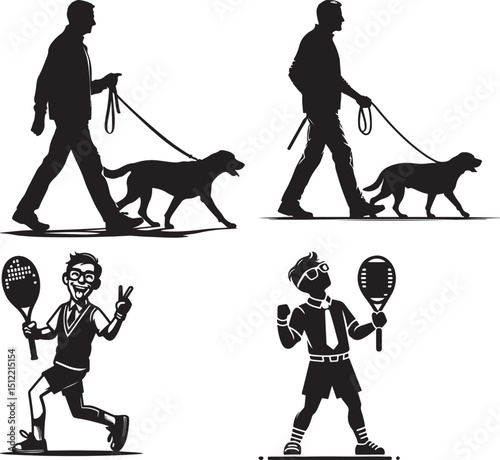 Silhouettes of men walking dogs and boys playing tennis in a black and white vector illustration