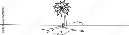 Palm tree one continuous line drawing. One line  of tropical palm trees . Ocean beach line art . Palm on the island .Tropical beach .Travel and vacation concept.Landscape.