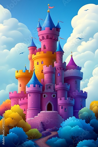 Magical Castle Amidst Clouds: A captivating illustration depicts a whimsical castle, its colorful towers reaching toward a fluffy cloud-filled sky, evoking dreams of fairy tales and enchantment.