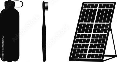 A black water bottle, toothbrush, and solar panel are displayed against a light beige background in a row