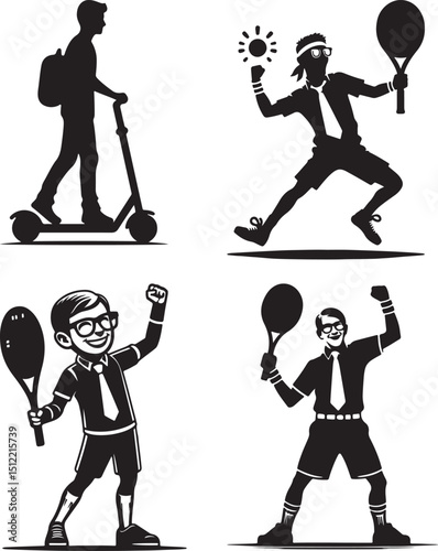 Four silhouettes of people engaged in various activities on a white background in vector format