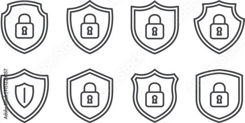A set of eight shields with different designs and symbols representing security and protection themes