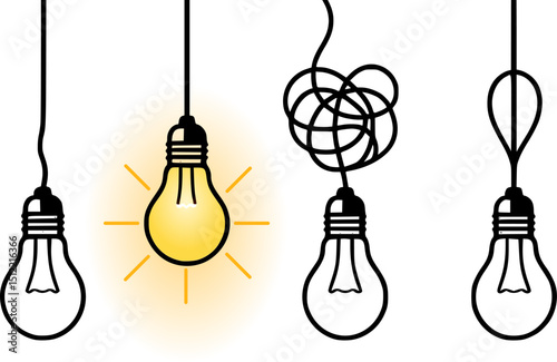 A conceptual digital illustration featuring four hanging light bulbs, each suspended from uniquely styled wires. one of  bulbs is illuminated, glowing with radiant yellow light