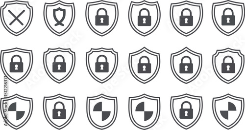 A collection of gray shields with various security symbols arranged in a grid pattern on white background