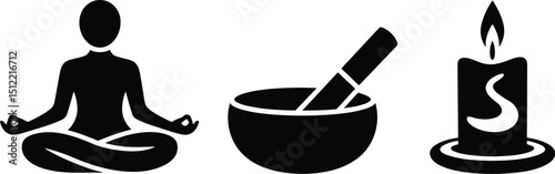 A black and white image showing a person meditating a bowl and a candle creating a zen like atmosphere