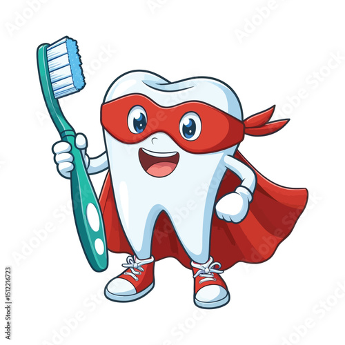 Superhero Tooth Cartoon Character With Toothbrush on a white background