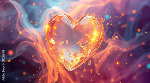 Colorful heart shape surrounded by glowing particles and vibrant smoke in an abstract art explosion Generative AI