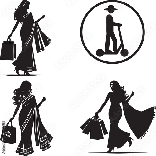 Silhouettes of women in saris with shopping bags and a scooter icon on a white background design
