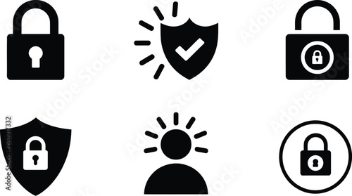 A collection of security icons featuring padlocks shields and a person with radiating lines around them
