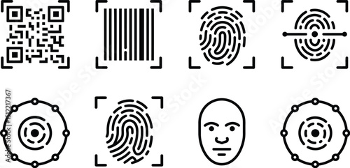Illustration of qr code barcode fingerprints face and circle icons in black and white security theme