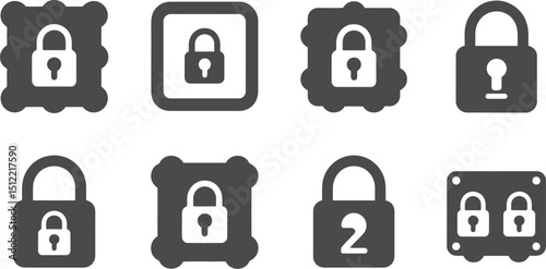A collection of eight different lock icons in various shapes and styles displayed on a white background