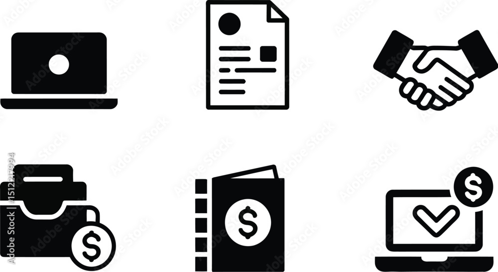 Fototapeta premium A set of six black and white business icons depicting a laptop, document, handshake, and money symbols