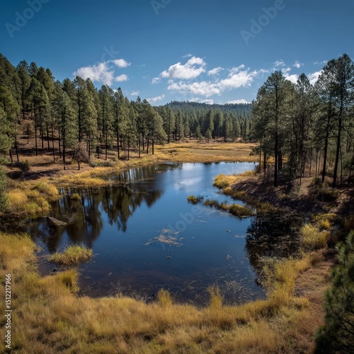 Serene mountain lake reflecting the clear blue sky and lush greenery. The lake is surrounded by tall pine trees, creating a picturesque landscape.