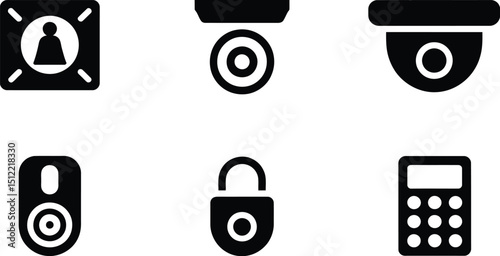 A set of security icons including cctv cameras a keypad a lock and a motion sensor in black and white
