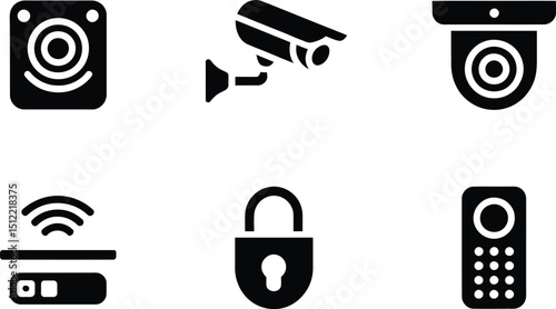 A collection of black security and smart home device icons arranged on a white background surface view