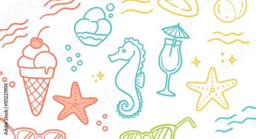 Summer Vacation Doodle Icons Beach Ice Cream Seahorse Starfish
