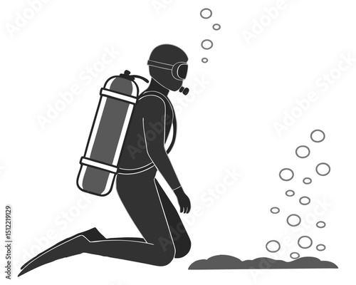 Monochromatic Scuba Diver Kneeling on the Ocean Floor with Bubbles Rising