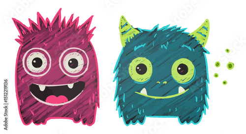 Happy Monsters Vector Cartoon Purple and Blue with Chalk Scribble
