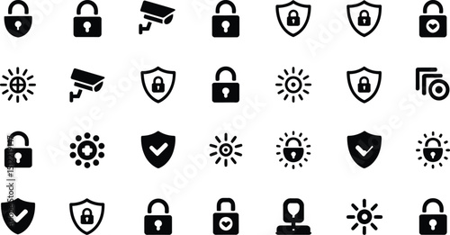 A collection of security and safety icons including locks shields cameras and suns in a grid pattern