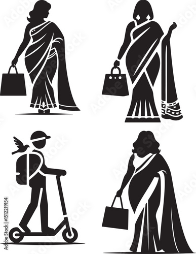 Silhouettes of women in saris with shopping bags and a delivery person on a scooter in vector art