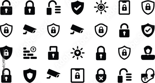 A collection of security icons including locks shields cameras and a person in black and white style