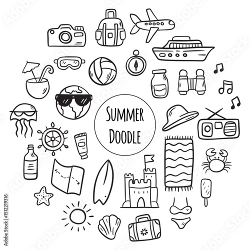 An Exciting and Vibrant Summer Travel Fun Icons Collection. Vacation doodles elements in cartoon style for your design projects