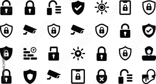 A collection of security icons including locks shields cameras and a person in black and white style