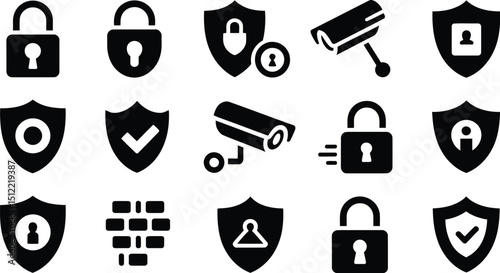A collection of security related icons featuring padlocks shields cameras and a brick wall in black color