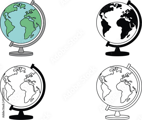 Four globe illustrations in different styles including color and black and white renderings shown