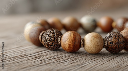 Indonesian carved ritual beads displayed on a wooden surface for spiritual blessings