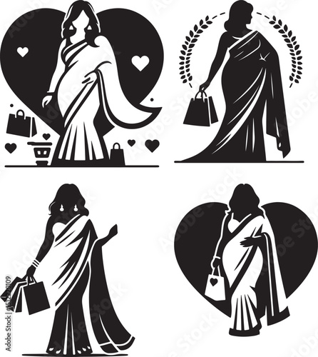 Four black and white vector illustrations of women in saris with shopping bags and heart shapes