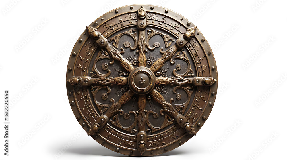 Fototapeta premium Decorative shield displayed with intricate designs and detailed craftsmanship from an unknown historical period Generative AI