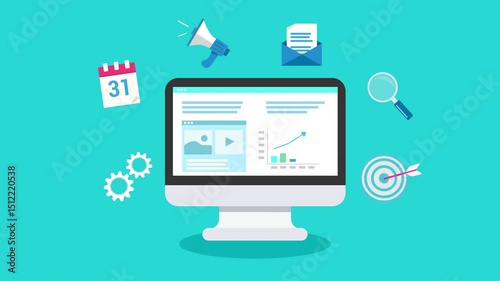 Animated SEO optimization of Dynamic monitor displays analytics, charts, and content. Icons for marketing, planning, and strategy. Perfect for digital business growth visuals. 
