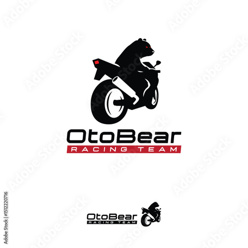 Stylish bear ride racing motorcycle with head looking back and lower back view. Silhouette black and white modern and simple logo design