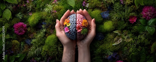 A captivating image showcasing a brain divided into two hemispheres, adorned with vibrant flowers, held gently against a lush, green background of flora and moss.