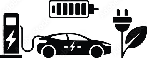 A black and white illustration of an electric car charging with battery and plant icon elements shown