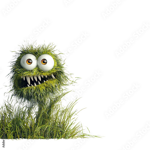 Adorable Green Grass Monster with Big Eyes and Sharp Teeth against Black Background