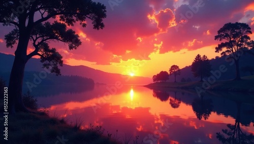 Sunset hues bathe quiet lake, silhouetted trees frame scene , horizon, landscape photography, tranquil