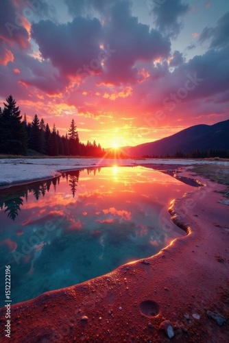 Sunrise over Grand Prismatic Spring, vibrant colors , wonder, earth, landscape