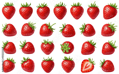 A collection of realistic strawberry illustrations in various orientations, including whole strawberries and one halved strawberry showing the red flesh and seeds, with green leaves and stems.