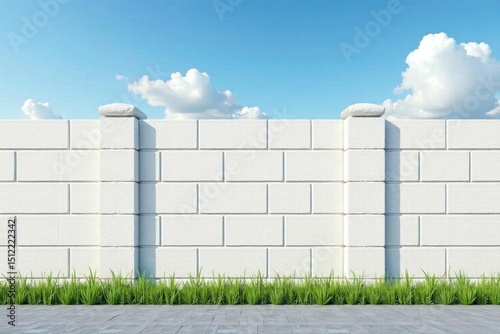 Textured white cinder block fence, panoramic view, modern, design, shadow
