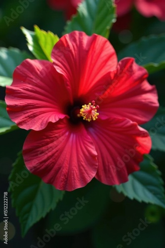Sun-drenched hibiscus, deep crimson hue, close-up view, sunshine, hot, day