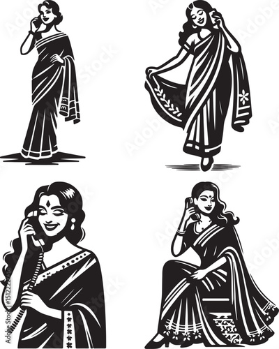 Four stylized black and white illustrations of women in saris talking on the telephone handsets