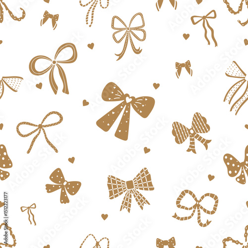 Seamless pattern with gold cute bow knots, gift ribbons. Hand drawn vector illustration. Can be used in textile industry, paper, background, scrapbooking.