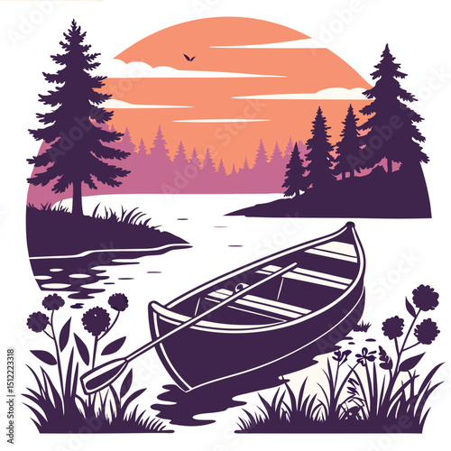 Peaceful Nature Silhouette-River,Boat And Sunset Glow