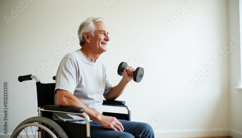 Senior man exercising with dumbbell in wheelchair promoting active lifestyle and rehabilitation with copy space
