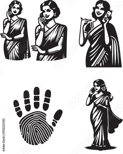 Black and white vector art featuring women in sarees talking on phones and a fingerprint illustration