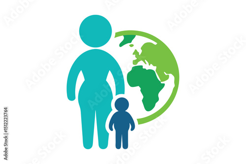 Minimal Vector of Mother & Child with Population Icons and Earth – Symbol of Care & Humanity.