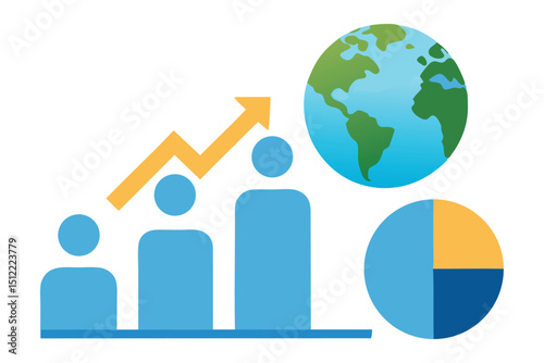 Infographic-style vector showing rising population graph with people icons and a globe in the background" on white background.
