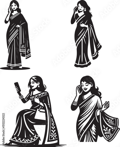 Four black and white illustrations of women in sarees using mobile phones in various poses and styles